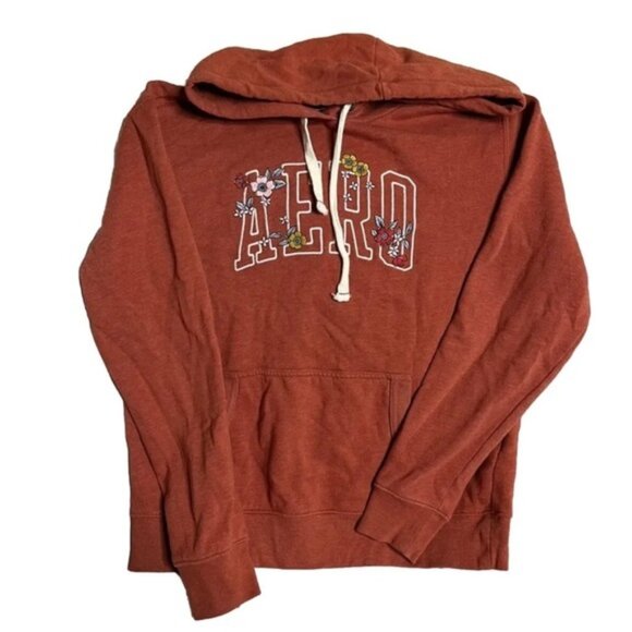 Aeropostale Women Pullover Hoodie Jacket  AERO Logo M Orange Flowers SWEAT SHIRT - Picture 1 of 4